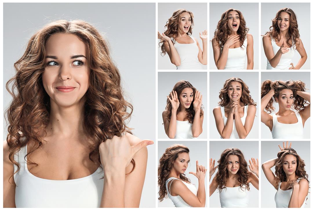 Set of young woman's portraits with different happy emotions.jpg